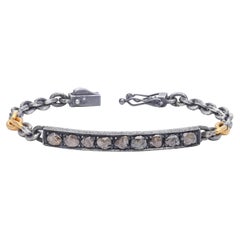  Oxidised Silver and 24k Gold Micron Plated Rose Cut Diamond Tag Chain Bracelet