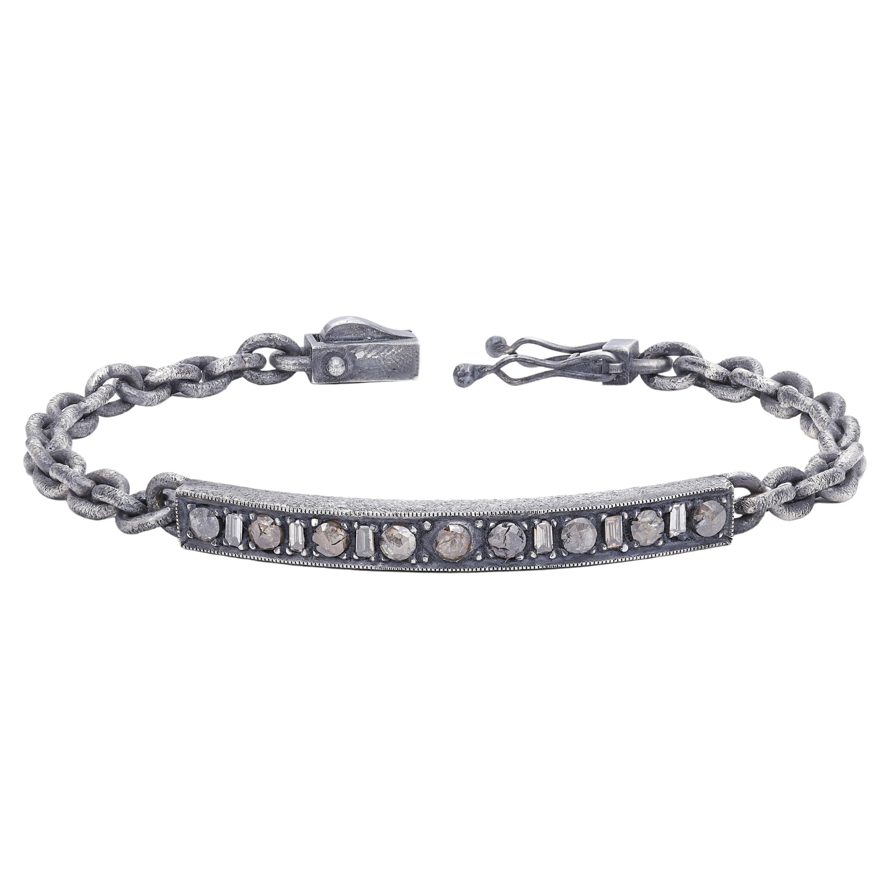 Oxidised Silver Tag Chain Bracelet with Rose Cut Diamonds and Baguette Diamonds For Sale