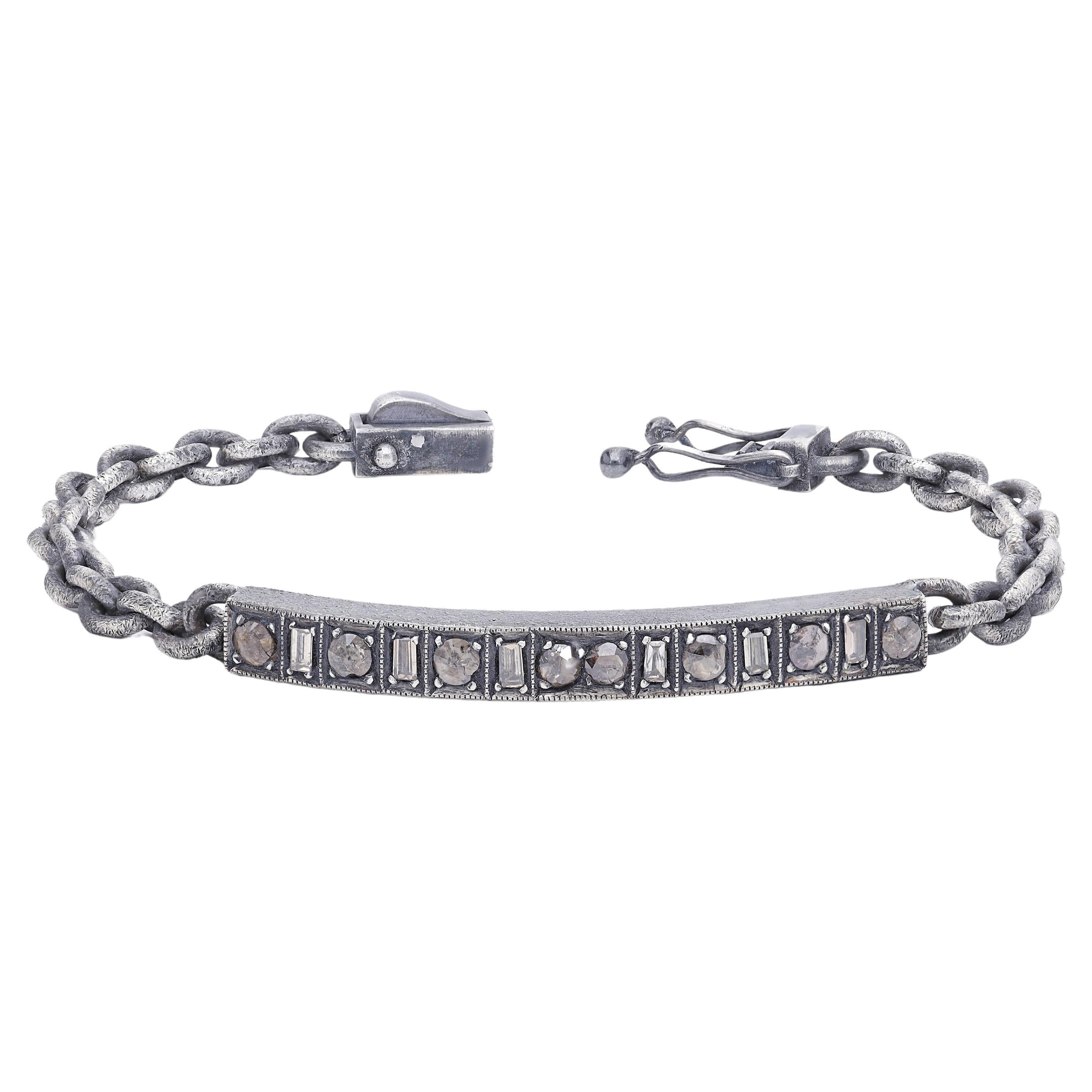  Oxidised Silver Tag Chain Bracelet with Rose Cut Diamonds and Baguette Diamonds