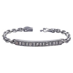  Bracelet à étiquette en argent oxydé avec diamants taille rose et diamants baguettes