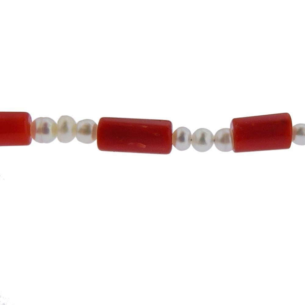Silver Rose Cut Diamond Coral Pearl Necklace In Excellent Condition In New York, NY