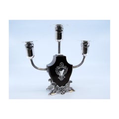 Silver-rosewood candelabra with three lights & monogram plaque