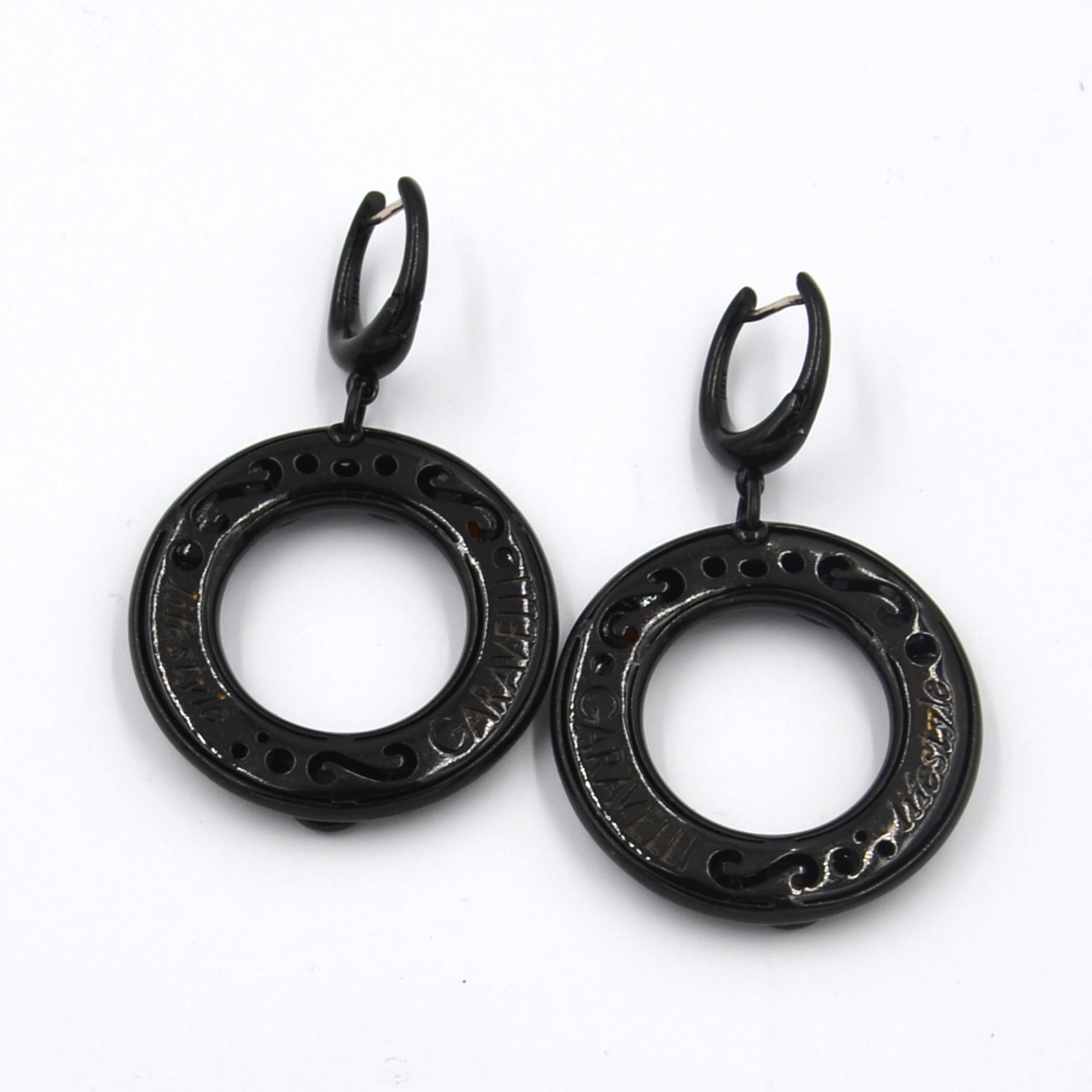 Silver Round Earrings with Black Enamel Citrine In New Condition For Sale In Valenza, IT