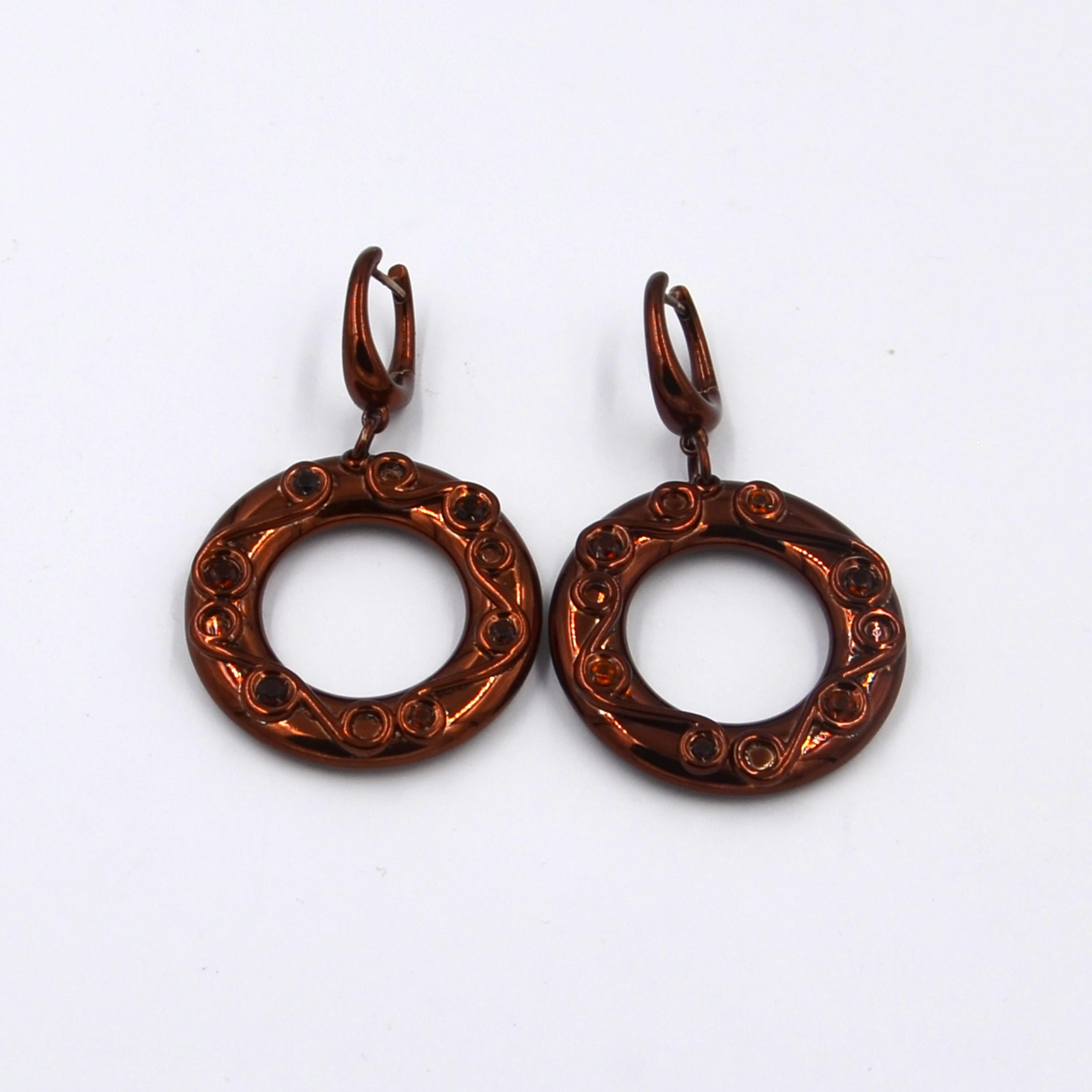 Women's Silver Round Earrings with Chocolate Enamel and Natural Citrine stones