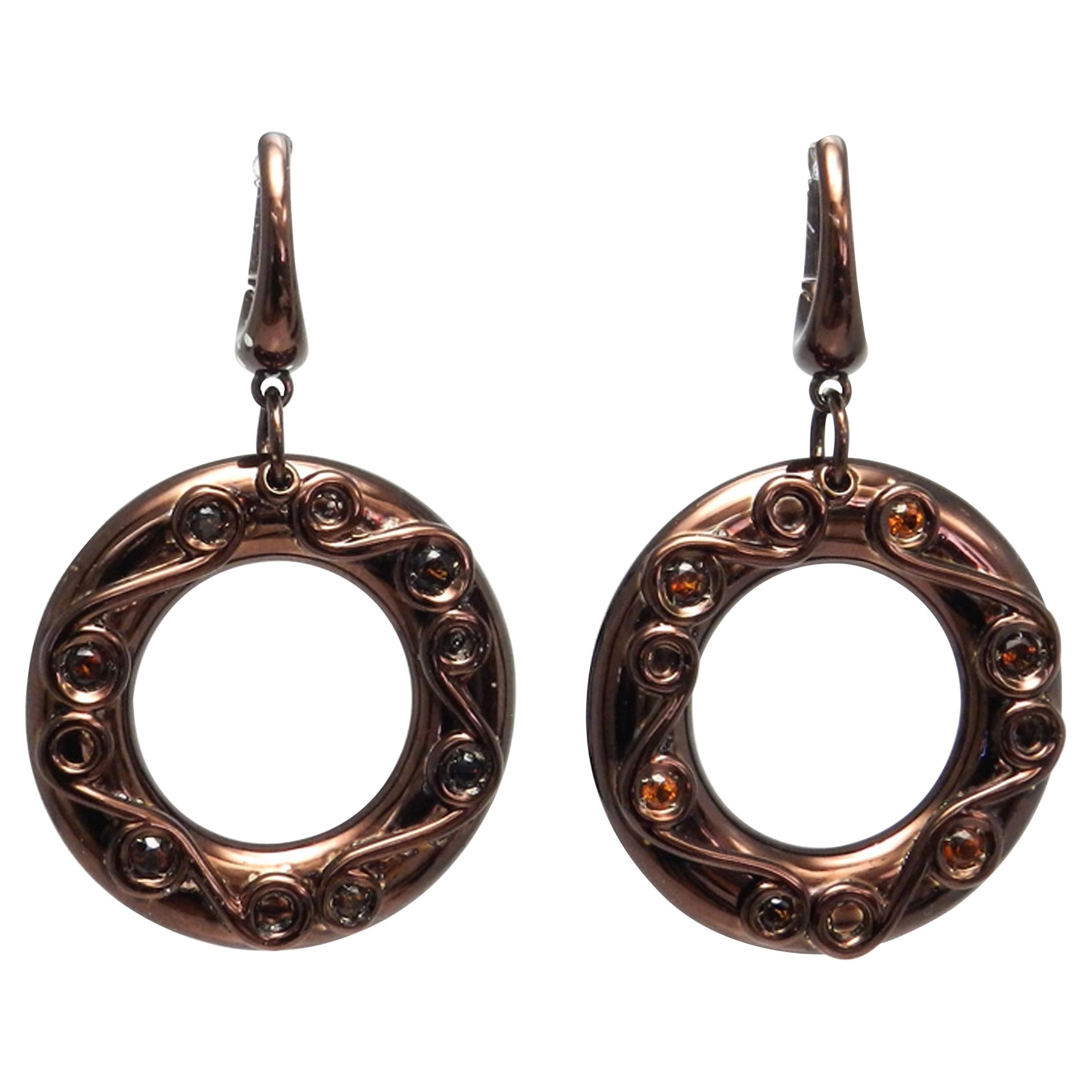 Silver Round Earrings with Chocolate Enamel and Natural Citrine stones