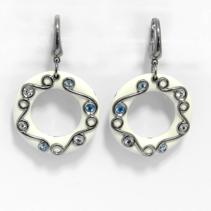 Silver Round Earrings with White Enamel, White Topaz and Blue Topaz For Sale 2