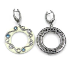 Silver Round Earrings with White Enamel, White Topaz and Blue Topaz