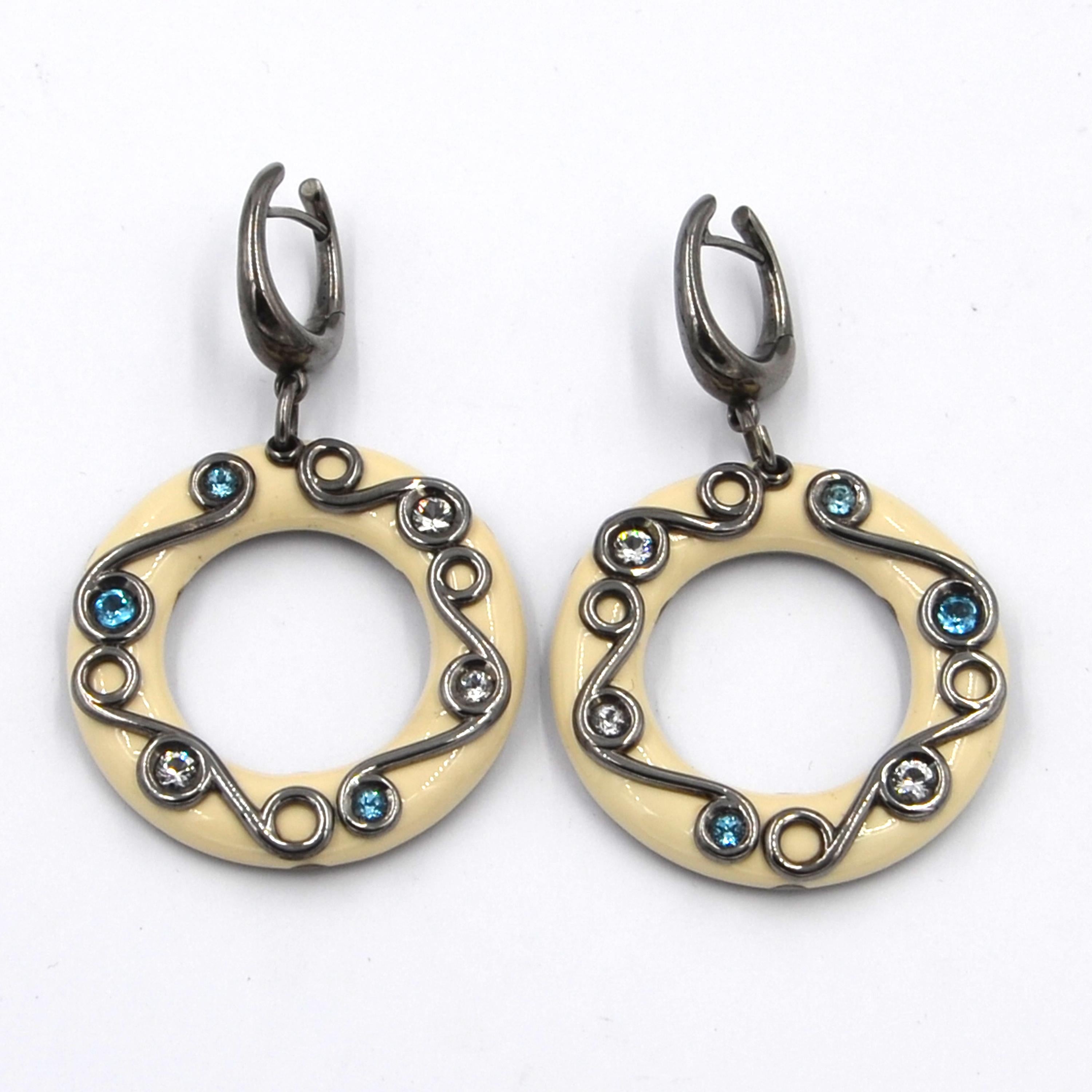 Women's Silver Round Earrings with White Enamel, White Topaz and Blue Topaz For Sale