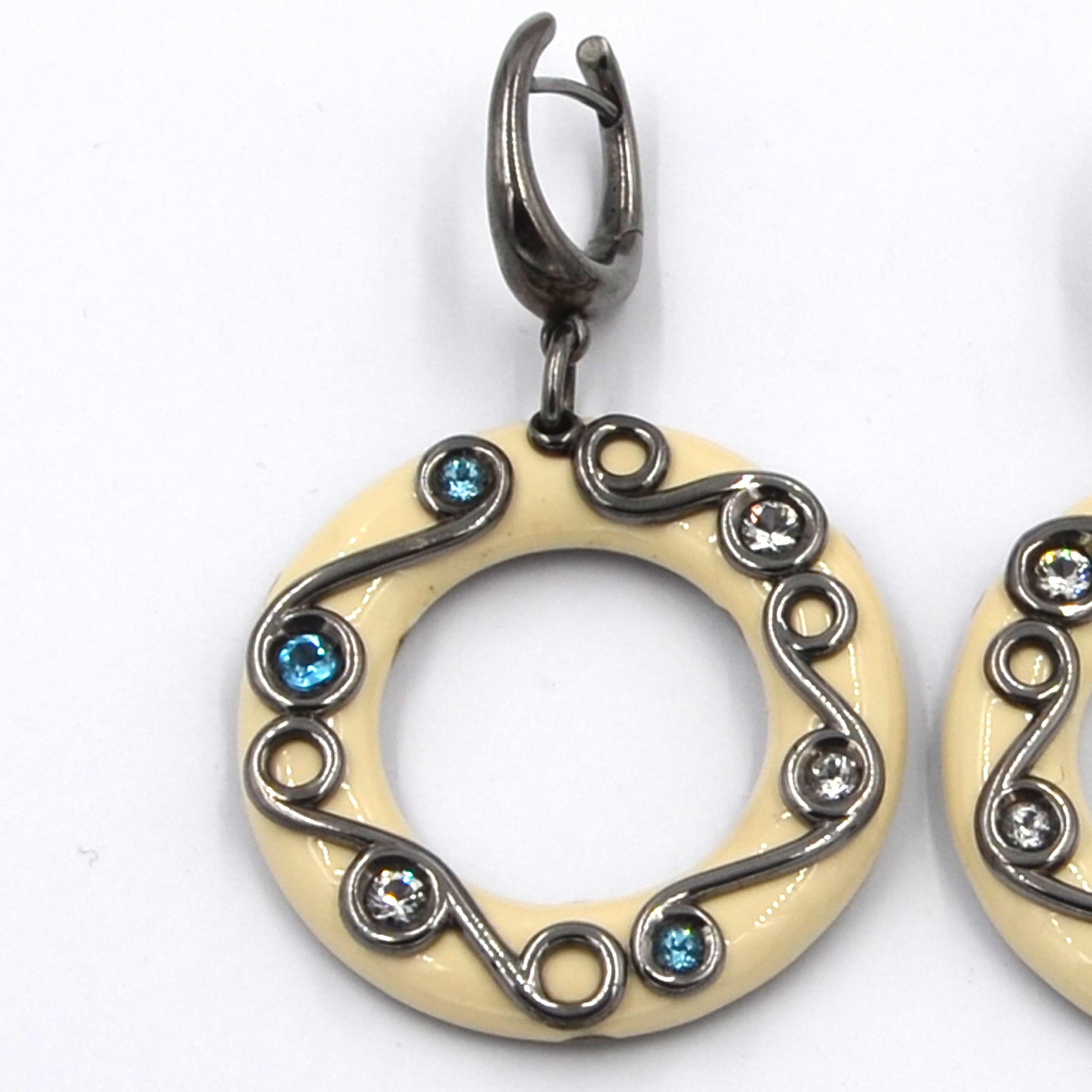 Silver Round Earrings with White Enamel, White Topaz and Blue Topaz For Sale 1