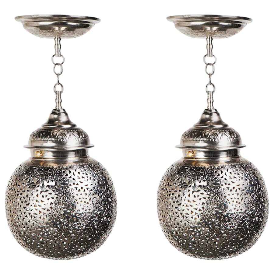 Silver Round Modern Moroccan Pendant or Chandelier, a Pair