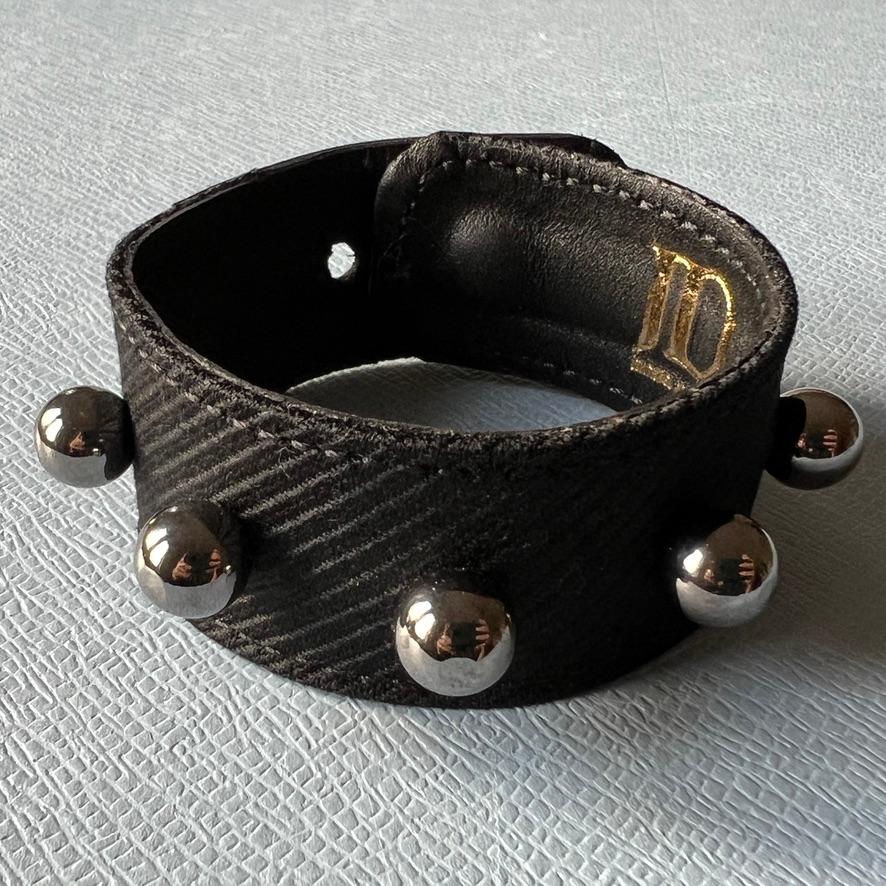 Silver Round Studs Black Fine Wool Black Leather Bracelet Calfskin For Sale 1