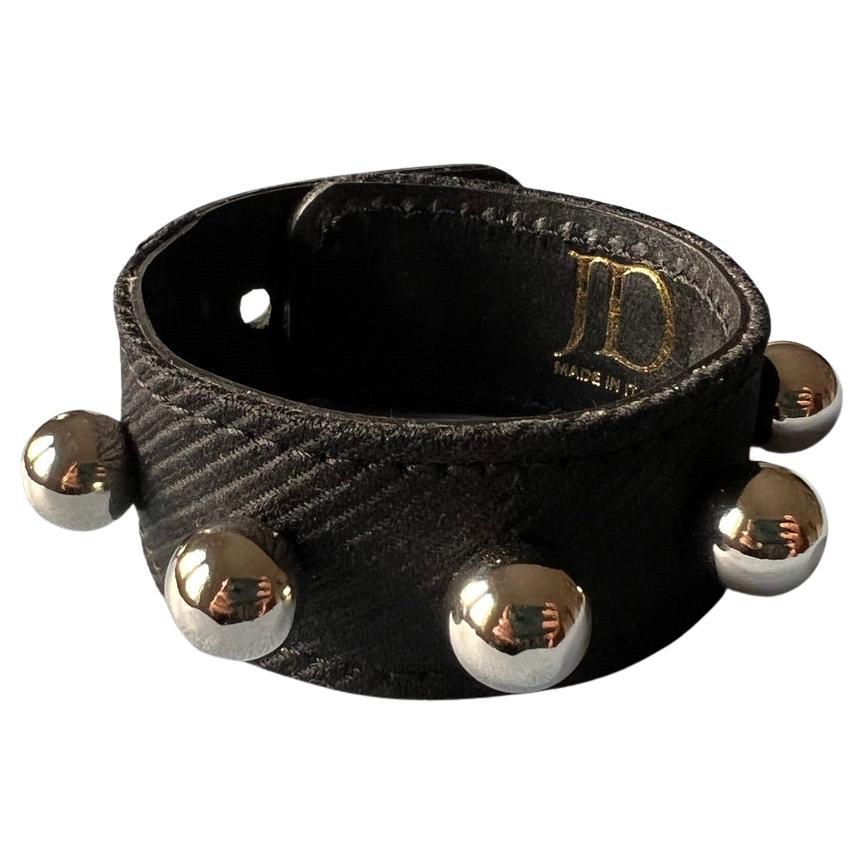 Silver Round Studs Black Fine Wool Black Leather Bracelet Calfskin For Sale