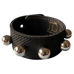 Silver Round Studs Black Fine Wool Black Leather Bracelet Calfskin
