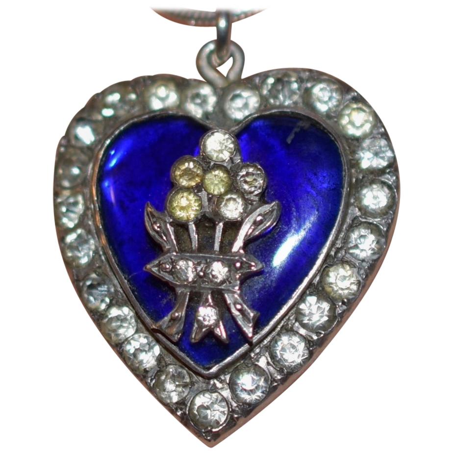 Silver Royal Blue Enamel and Paste Heart Pendant with Bouquet, circa 1860 For Sale