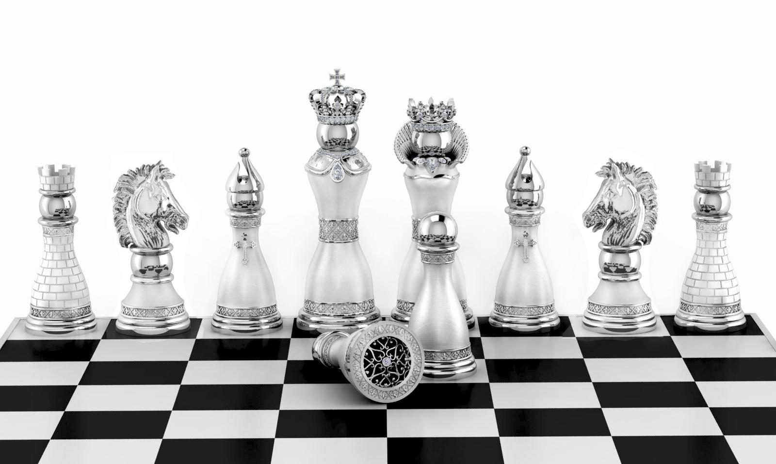 Handcrafted in solid 925 sterling silver, coated in rhodium and set with over 270 of the world's finest diamonds. The Silver Royale Chess Set radiates pure opulence through the finest quality materials design and workmanship. Crafted by renown