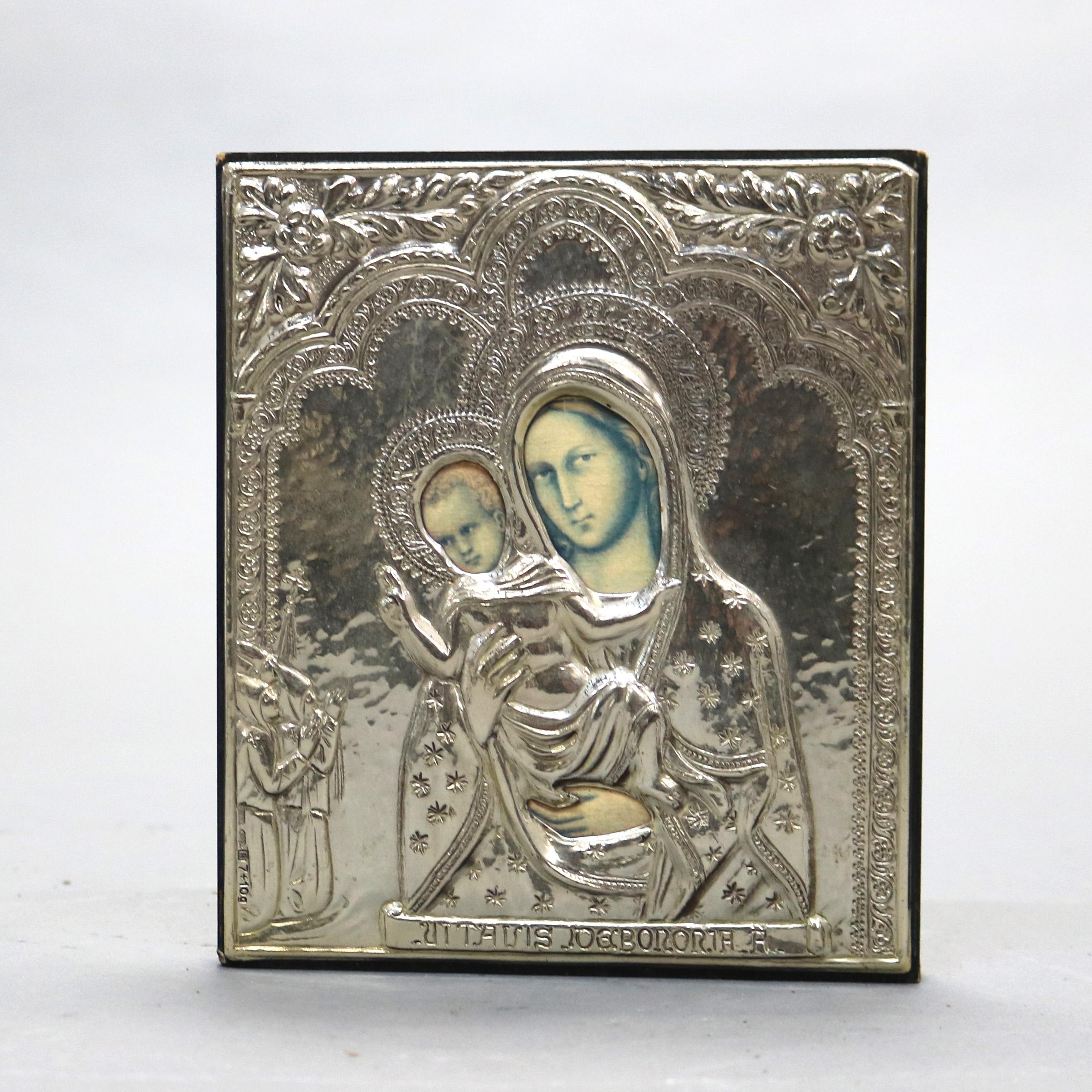 Silver Russian Icon Painting With Hall Marks 20thC In Good Condition For Sale In Big Flats, NY