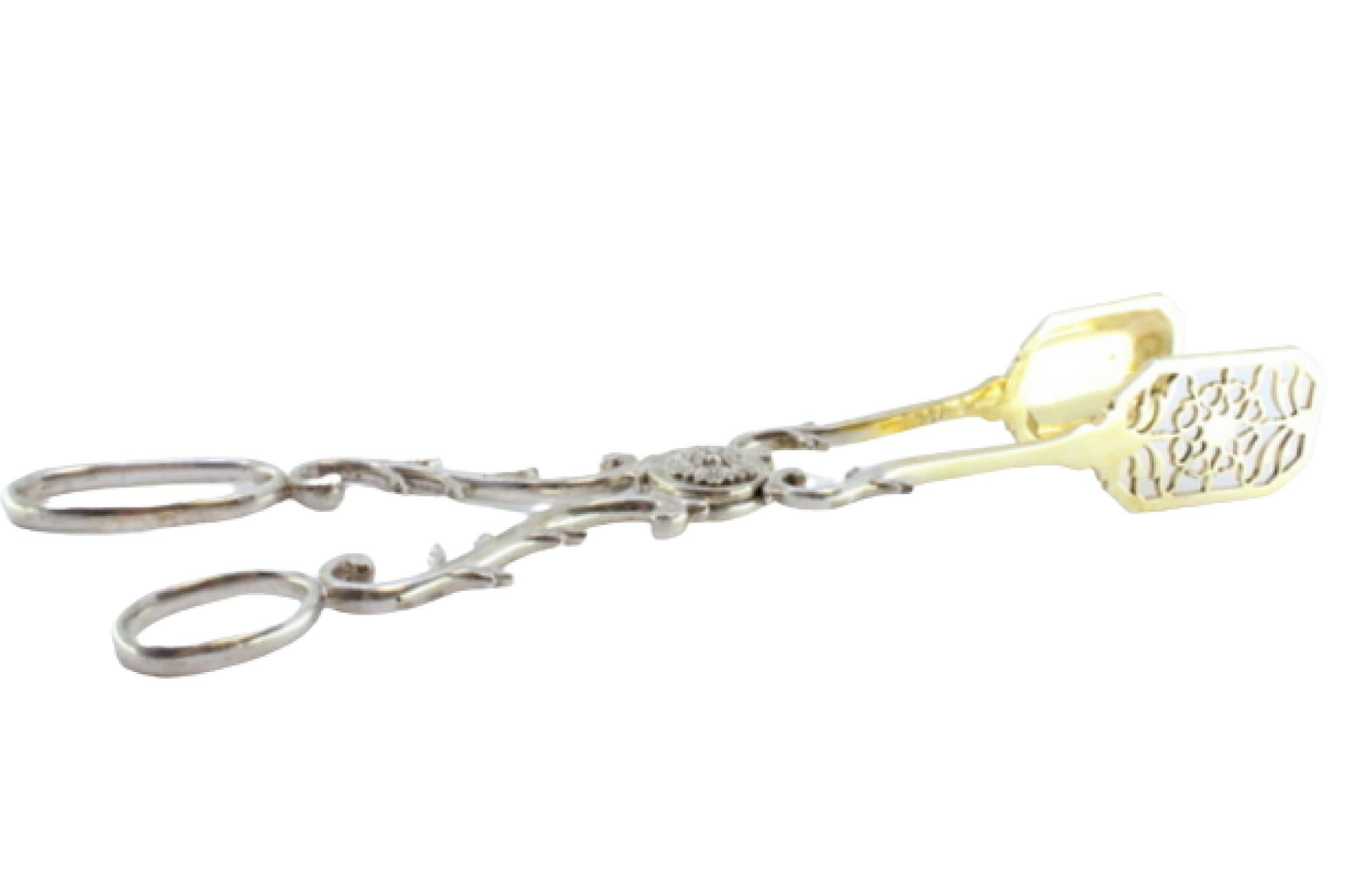 Silver salad, bread or sauce tongs with a gold-colored cutout shell For Sale