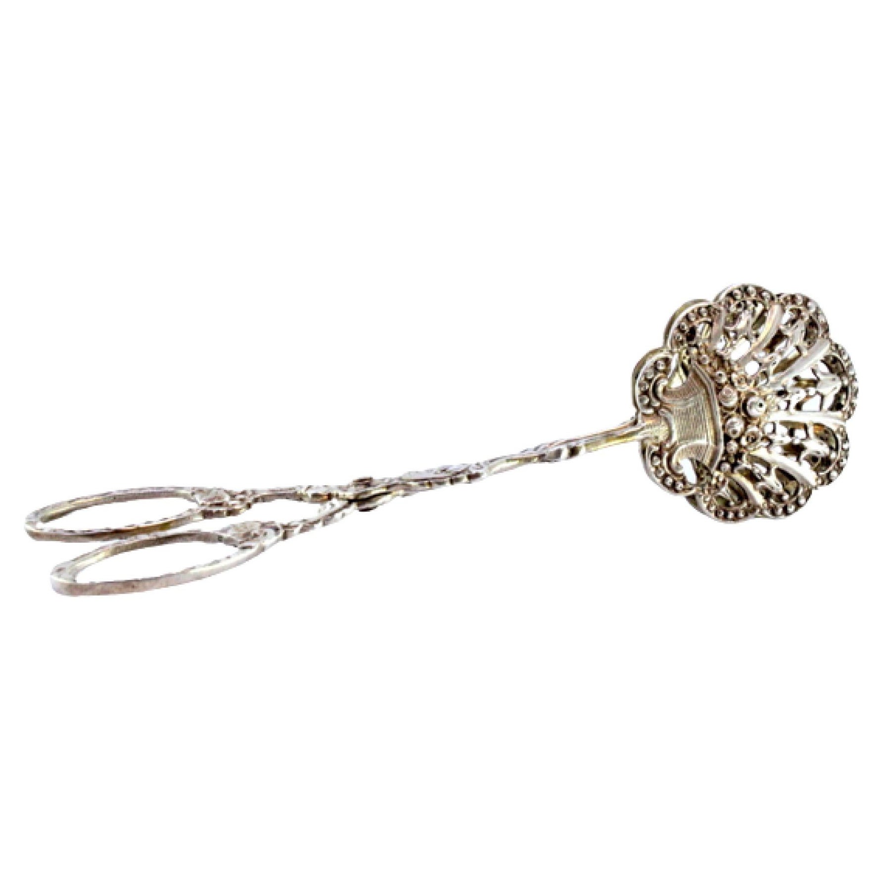 Silver salad or bread tongs with cutout shells and raised stems For Sale