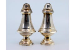 Silver salt and pepper shakers with engraving on the casing and screw caps