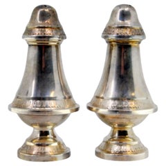 Silver salt and pepper shakers with engraving on the casing and screw caps