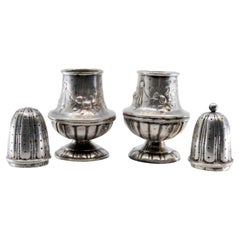 Silver salt and pepper shakers with raised plant elements and a knob on the lid