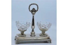 Silver salt & pepper with two crystal containers & pearl-trimmed handle