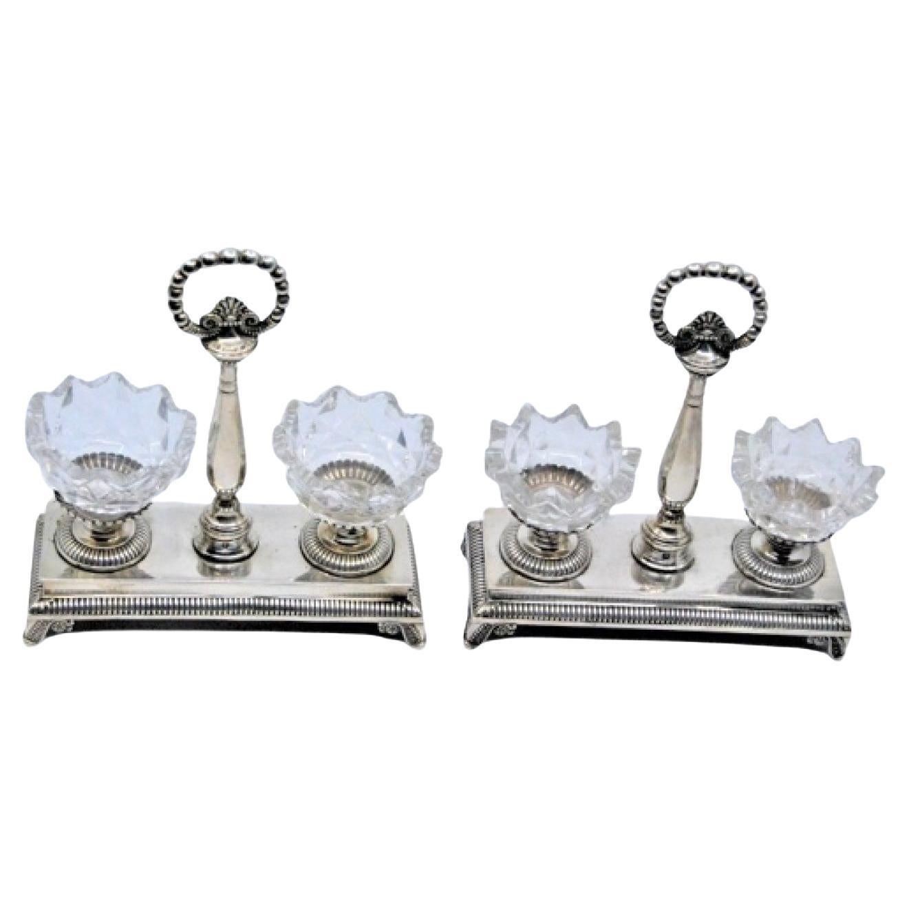 Silver salt 
pepper with two crystal containers 
pearl-trimmed handle For Sale