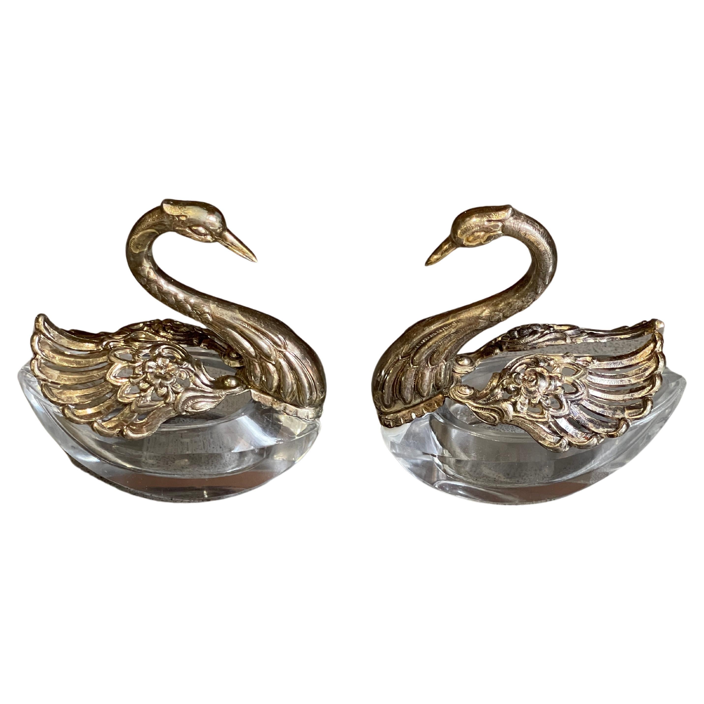 Silver Salt Shaker, A Pair of Antique Salt Shaker Crystal Swann Moving Wings For Sale