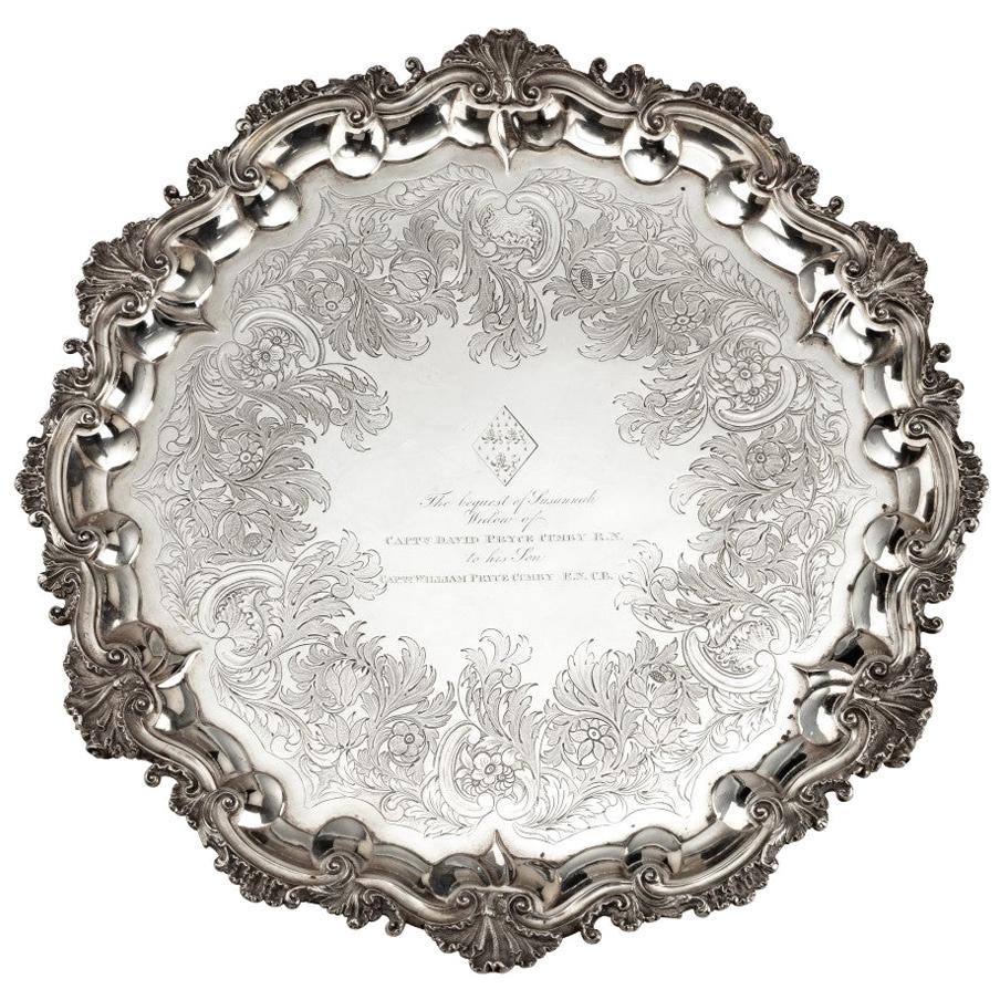 Silver salver of a Hero of Trafalgar: Captain Pryce Cumby London, circa 1836 For Sale