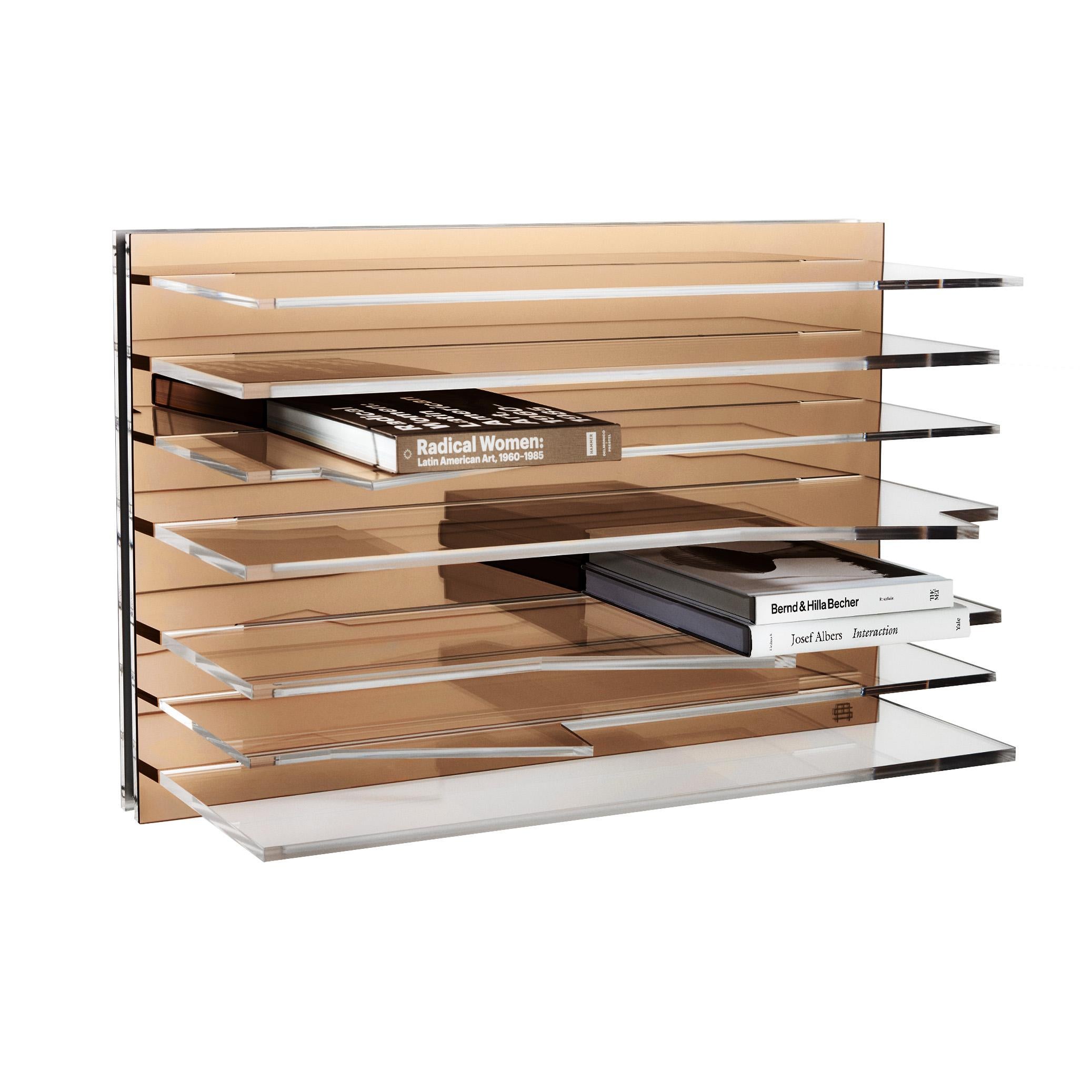 Contemporary Silver Sapere Bookcase by Migdalia Salazar, Mirror Acrylic Shelf For Sale
