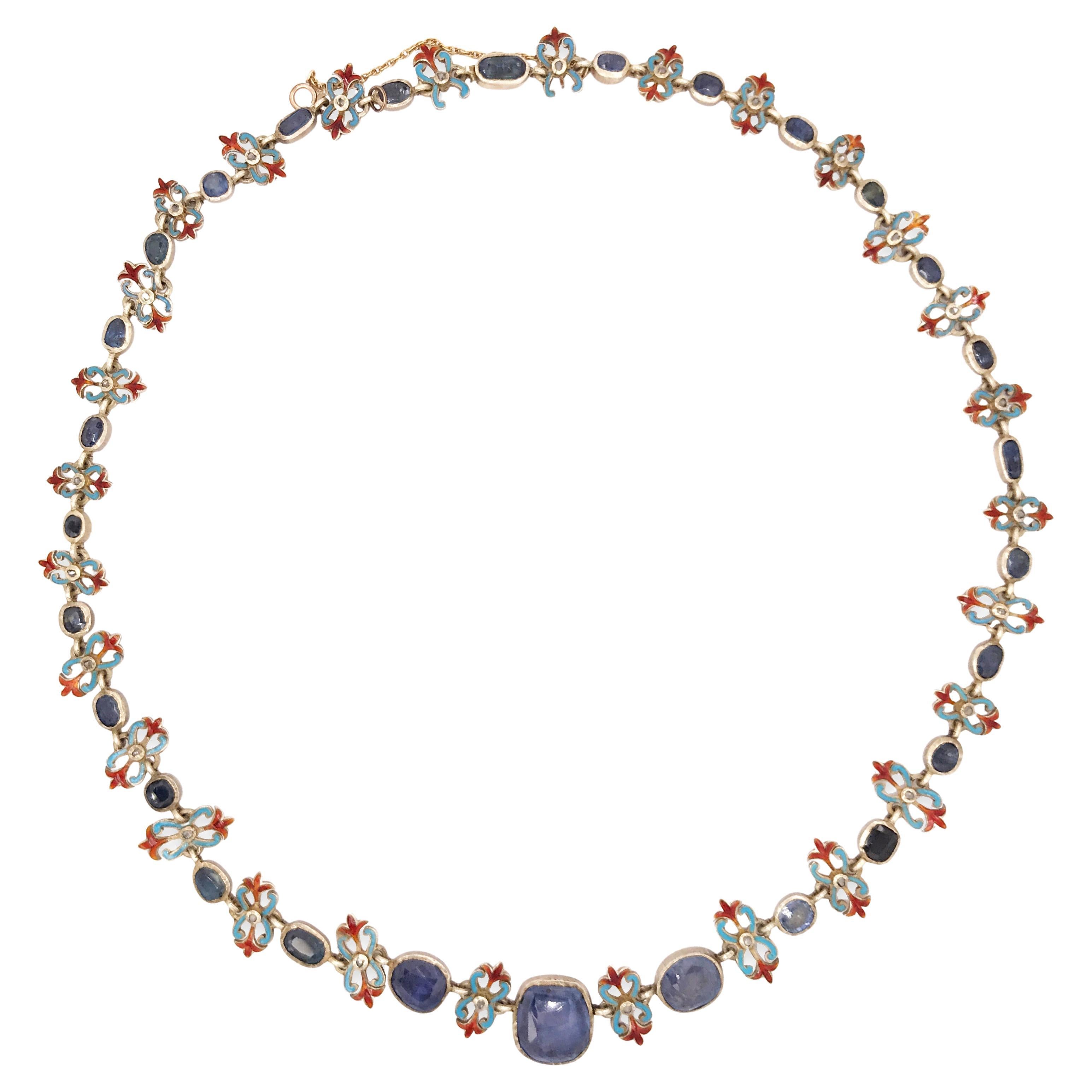 Silver Sapphire and Enamel Necklace, GIA For Sale