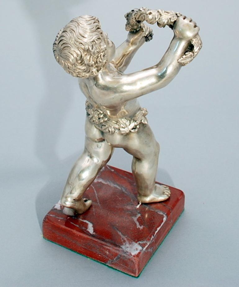 Italian Silver Sculpture Figure of Cherub with Garland of Flowers on Marble Base For Sale