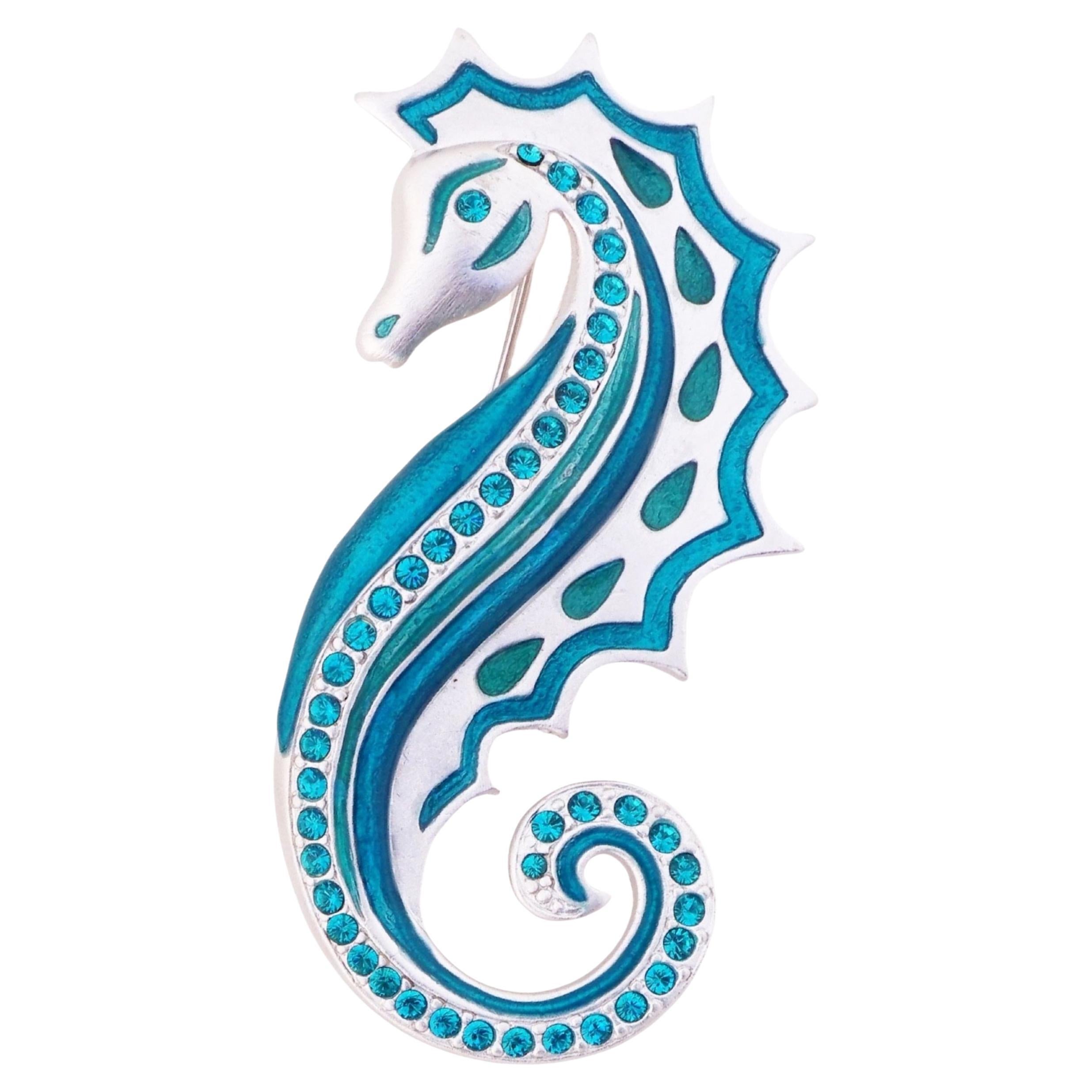 Silver Seahorse Figural Brooch With Teal Enamel & Crystals By Bob Mackie, 1980s