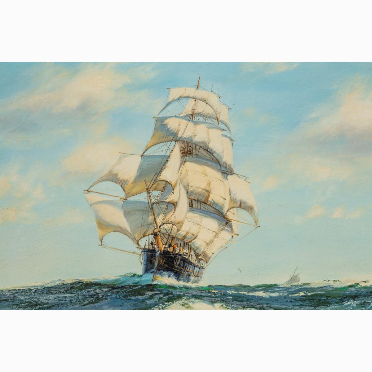 ‘Silver Seas’ by Henry Scott, (1911-2005) this oil on canvas shows the famous clipper ‘Blue Jacket’ running before the wind on white tipped waves, inscribed on the stretcher “The famous clipper Blue Jacket (1790 tonnes) built by Jackson of East
