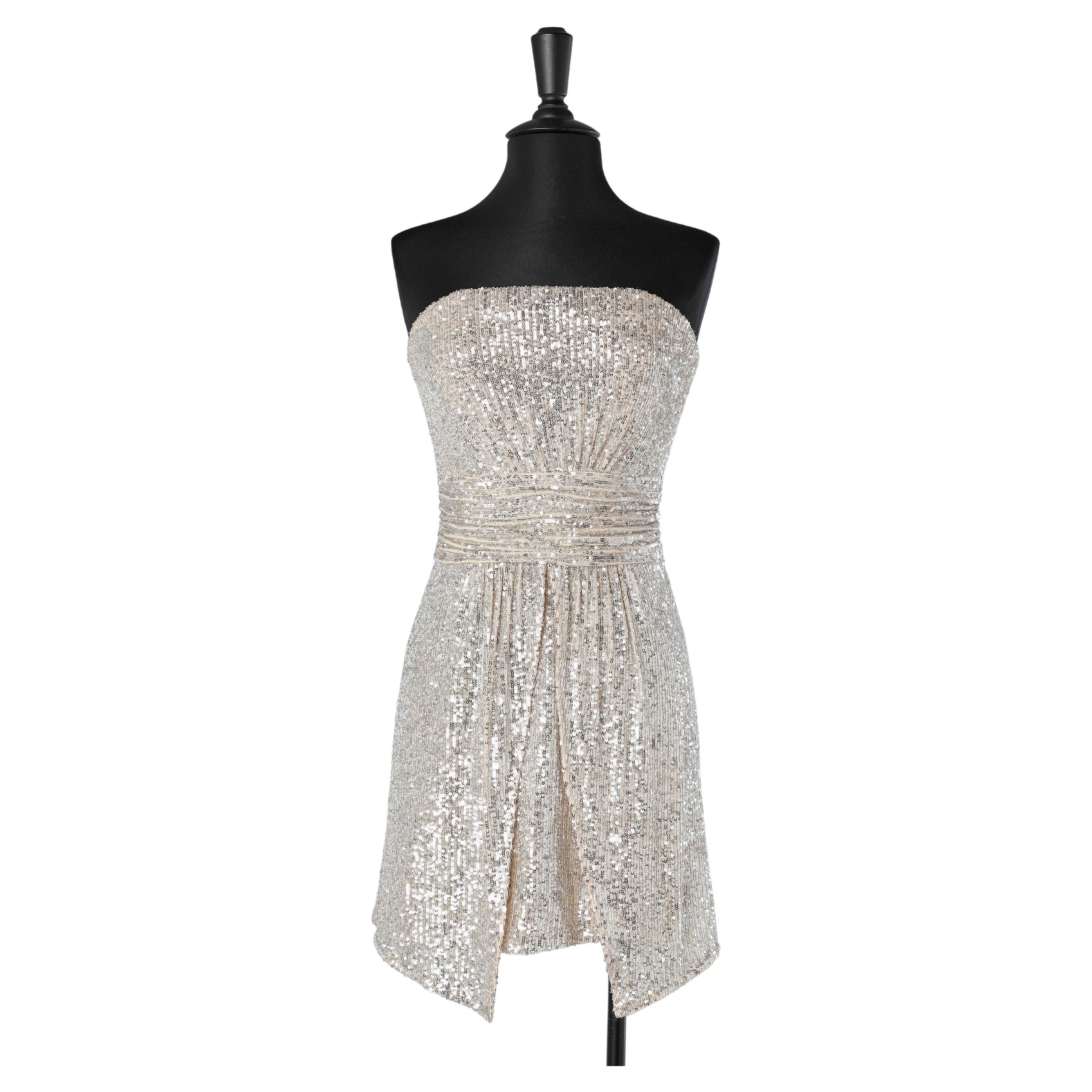 Silver sequin bustier cocktail dress wrap on the skirt Ramy Brook  For Sale