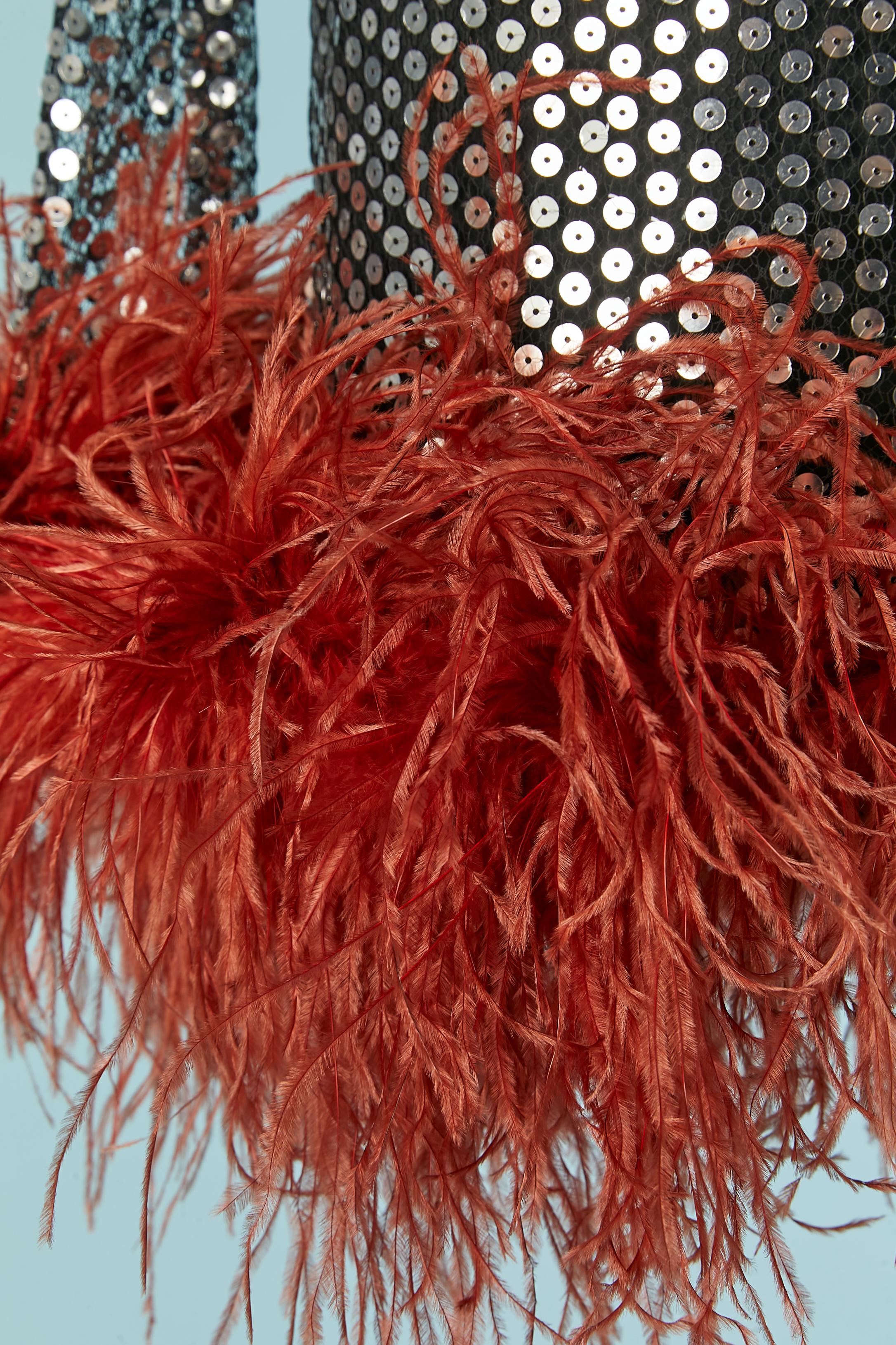 Silver sequin cocktail dress with orange ostrich feather edge Tailer Marmo In Excellent Condition For Sale In Saint-Ouen-Sur-Seine, FR