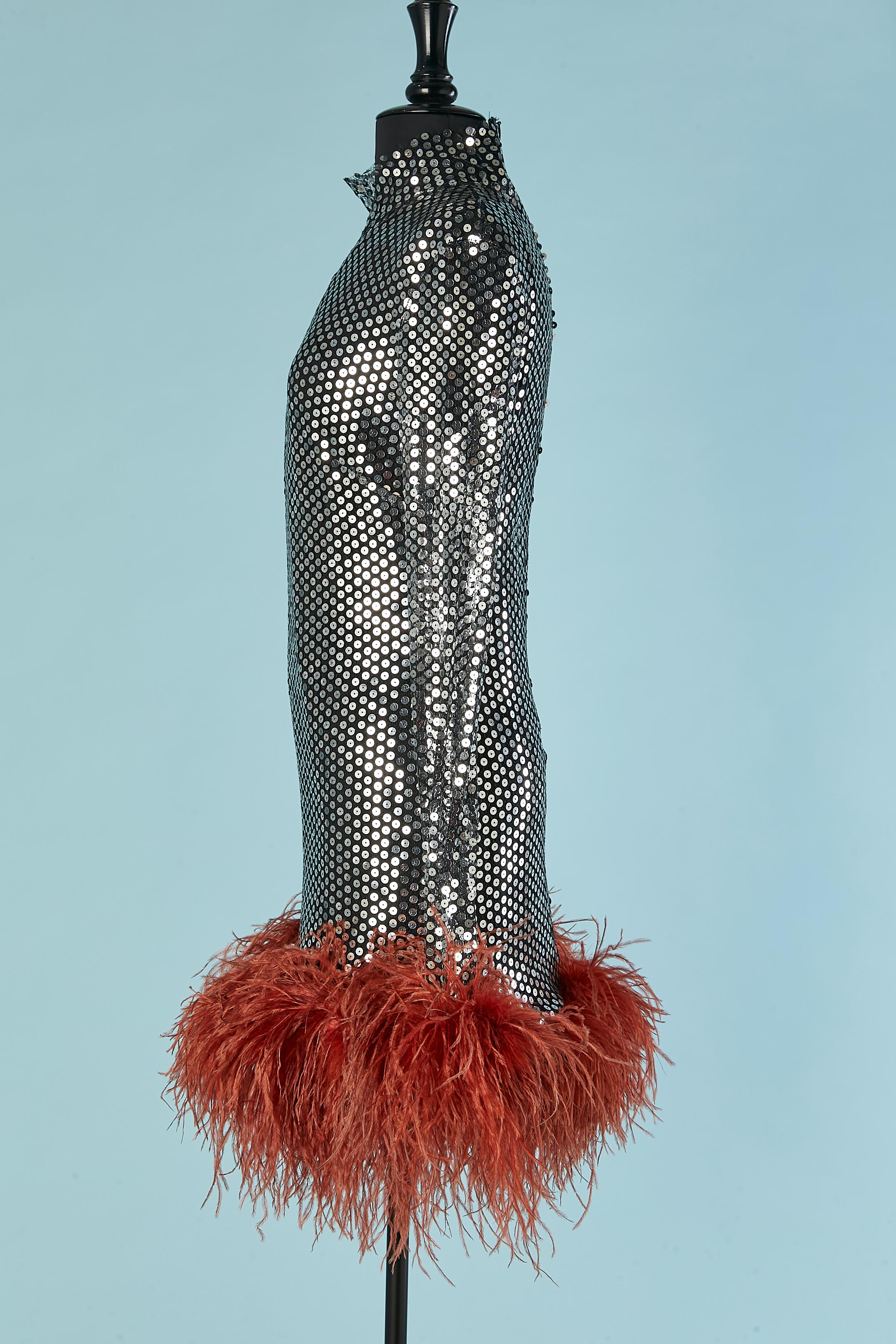 Women's Silver sequin cocktail dress with orange ostrich feather edge Tailer Marmo For Sale