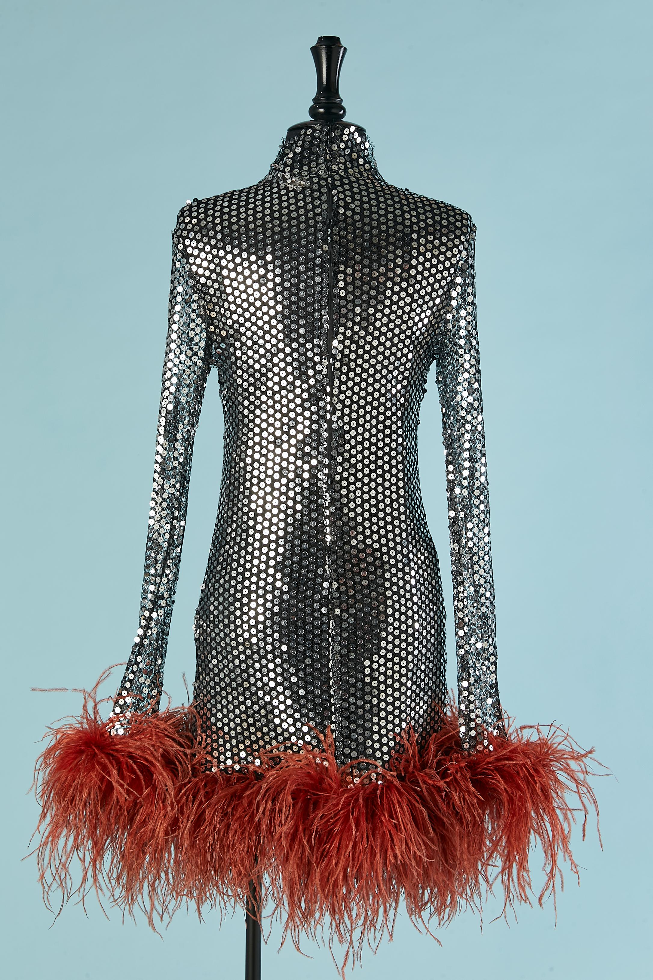 Silver sequin cocktail dress with orange ostrich feather edge Tailer Marmo For Sale 1