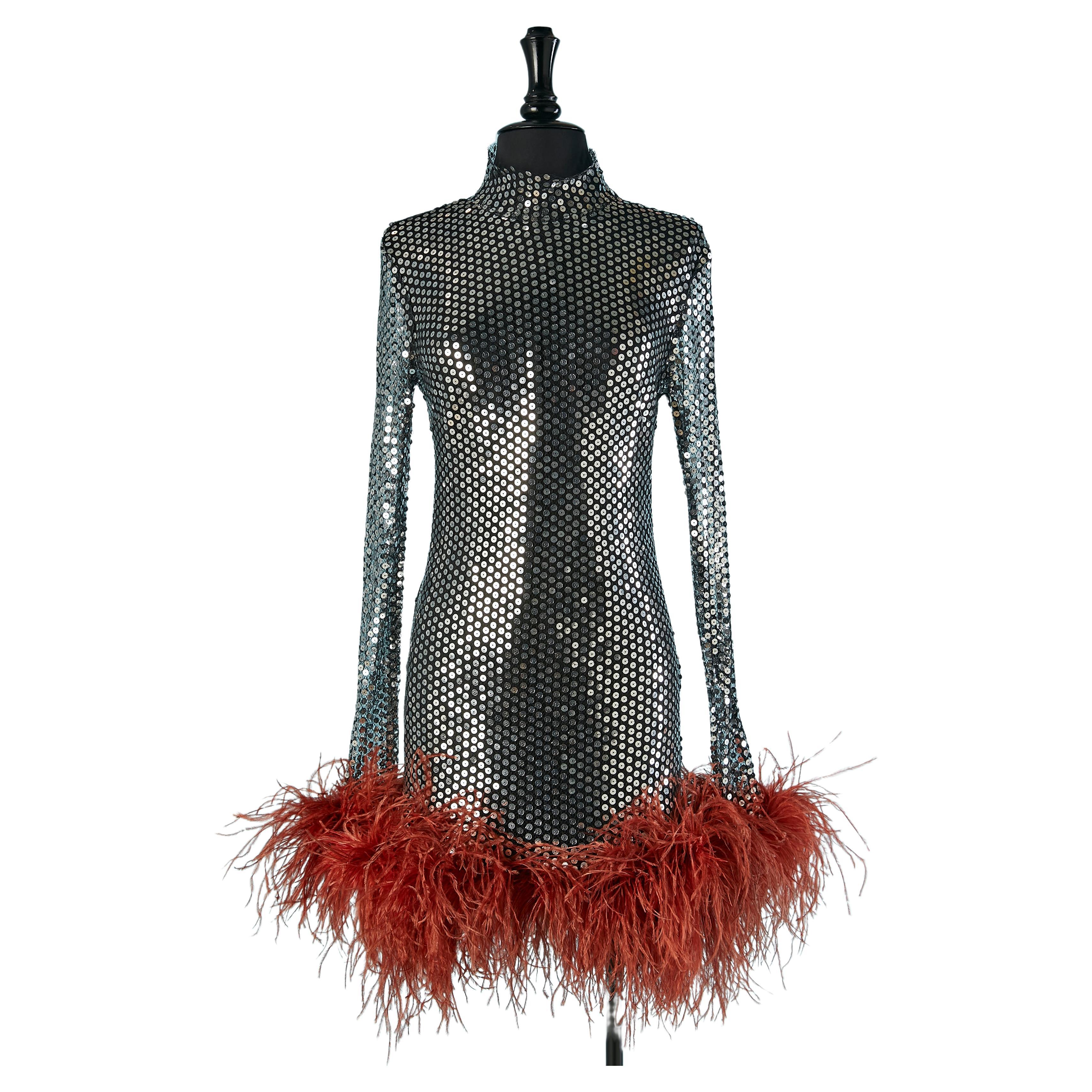 Silver sequin cocktail dress with orange ostrich feather edge Tailer Marmo For Sale