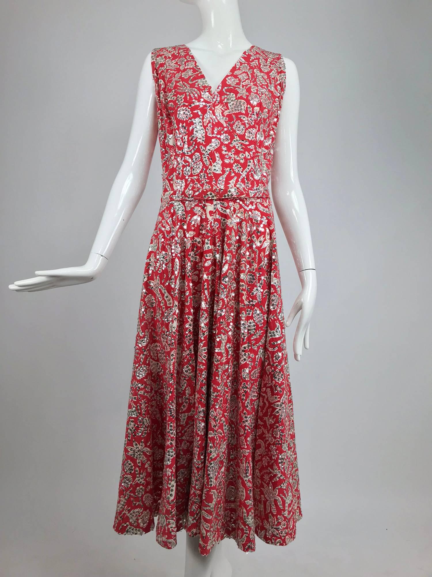 Silver sequin coral printed dress and jacket Jor'elle Model Mexico 1950s In Excellent Condition In West Palm Beach, FL