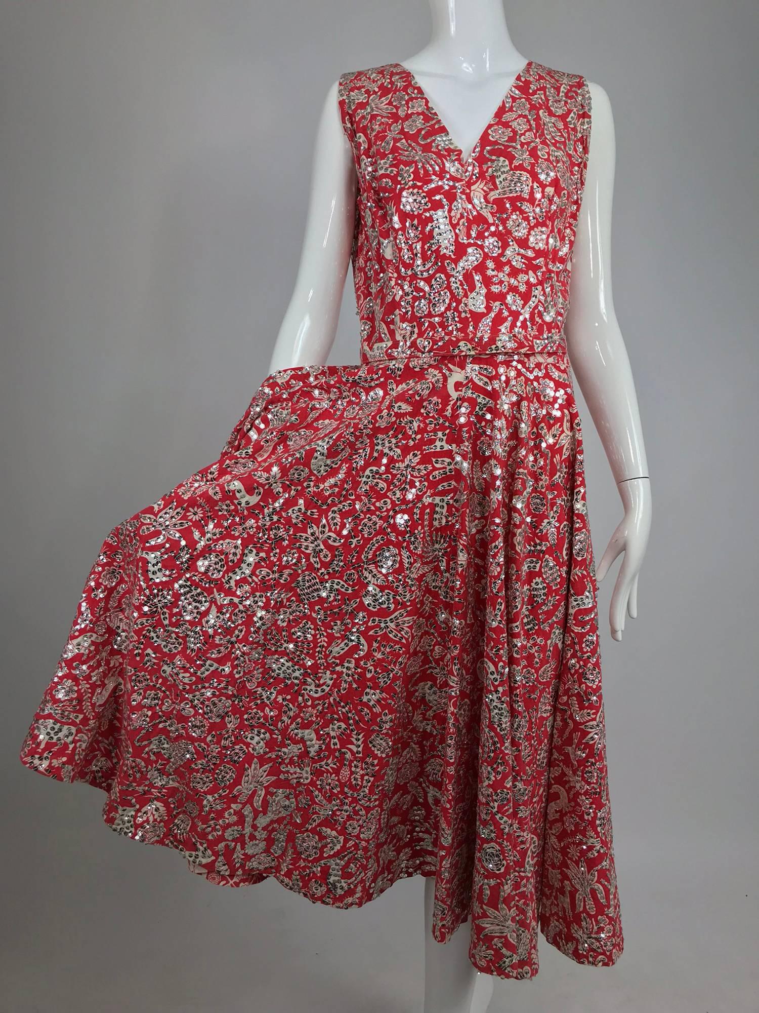 Women's Silver sequin coral printed dress and jacket Jor'elle Model Mexico 1950s