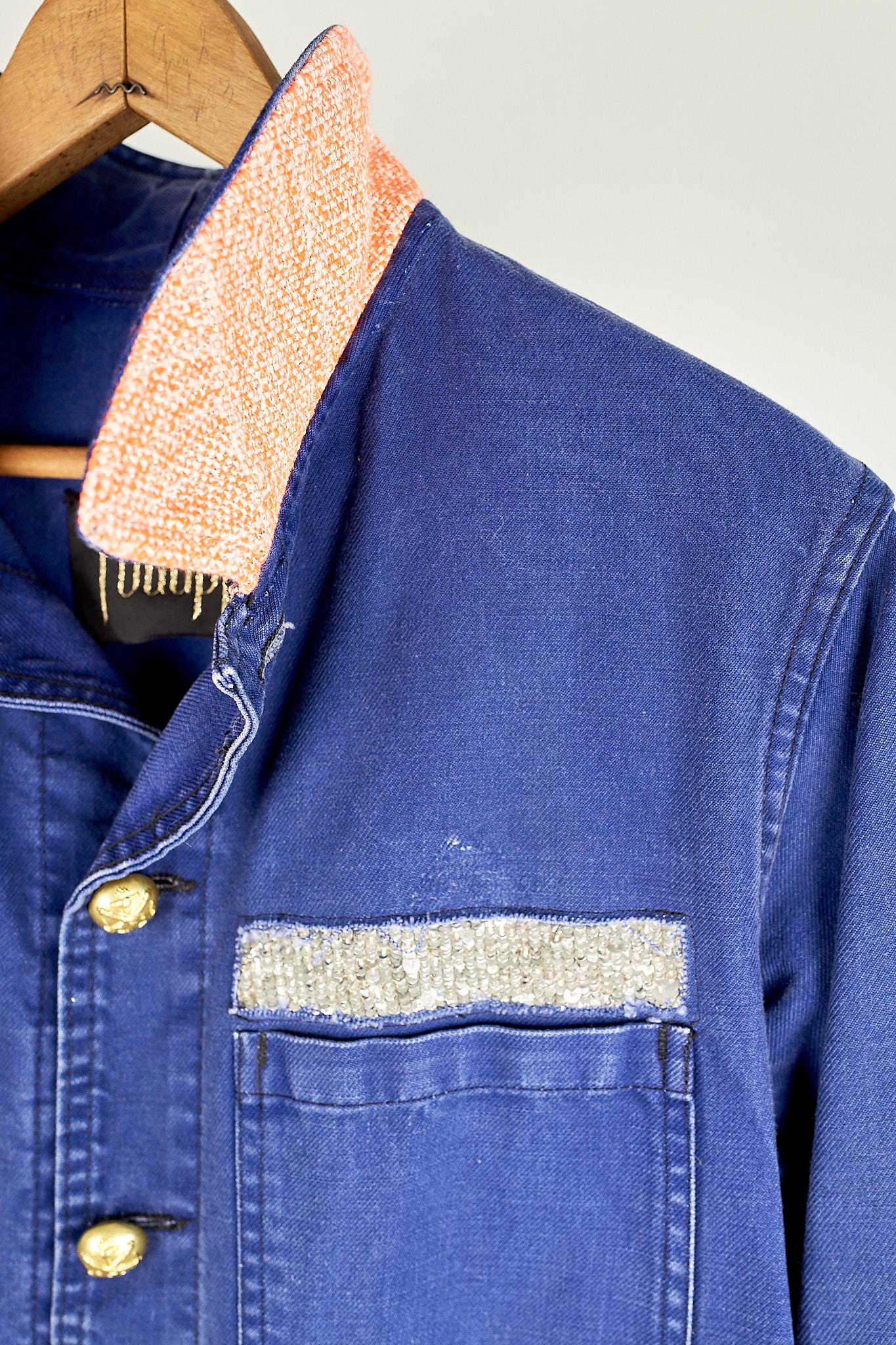 Silver Sequin Jacket French Work Wear Blue Cotton Tweed Orange Lurex J Dauphin  In New Condition In Los Angeles, CA