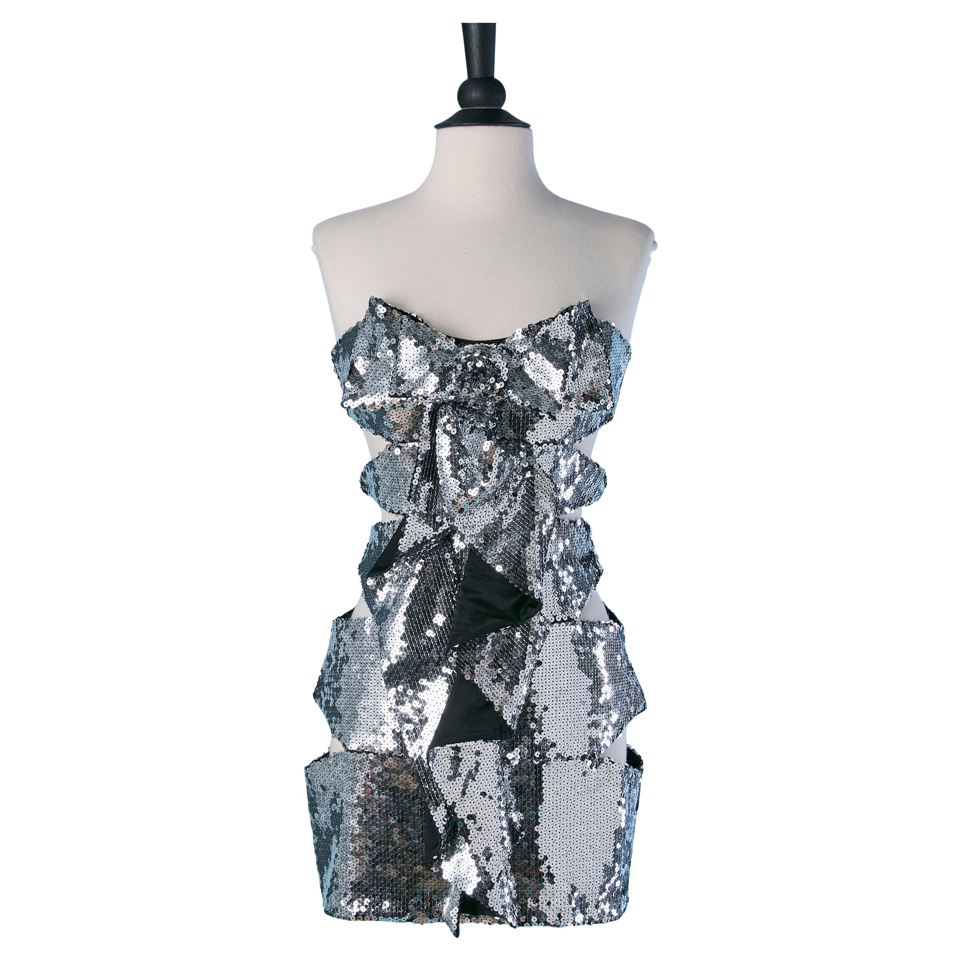 Silbernes Bustier-Minikleid mit Pailletten und Cut-Work ALEXANDRE VAUTHIER im Angebot
