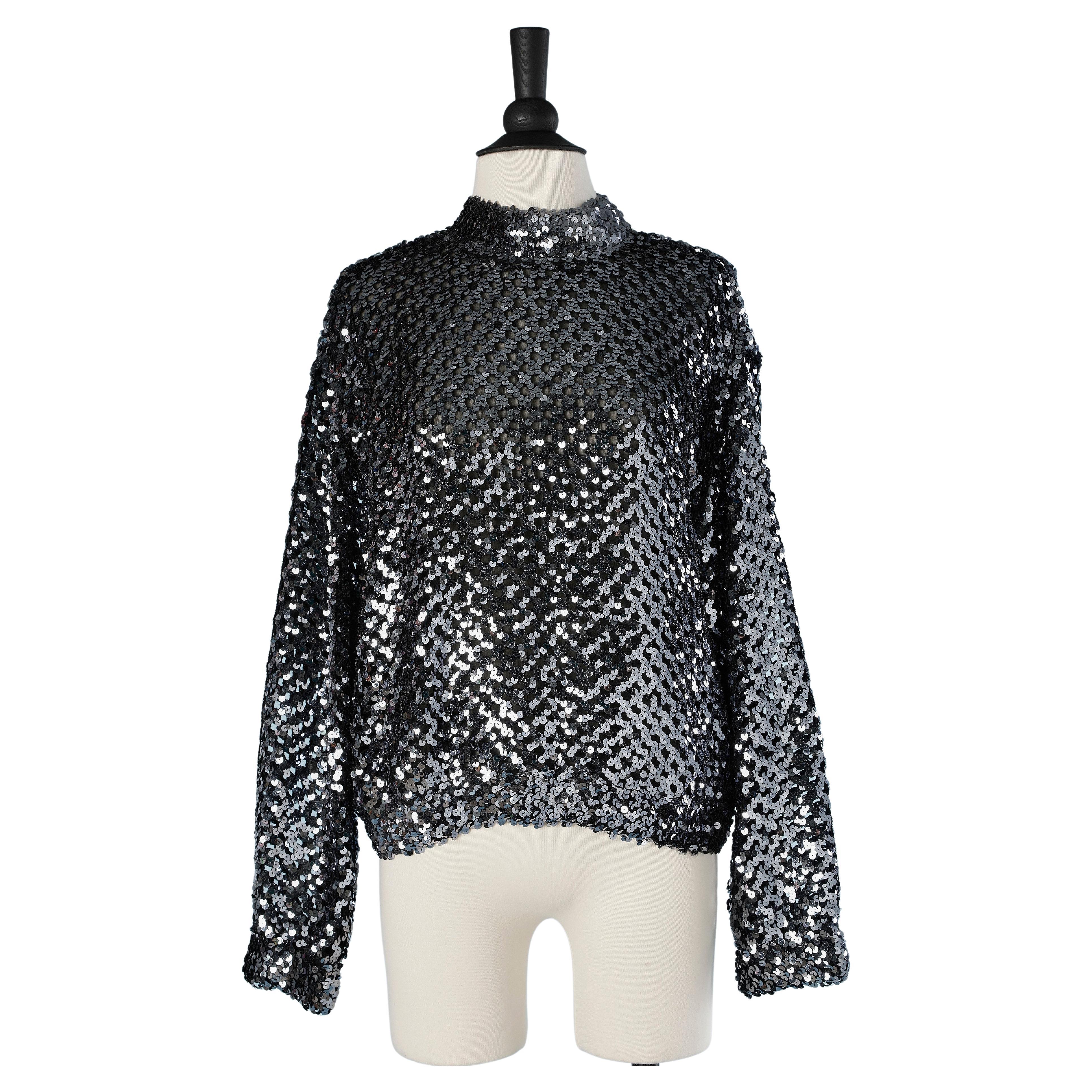 Silver sequin sweater on knit base and black chiffon lining Annie Corval  For Sale