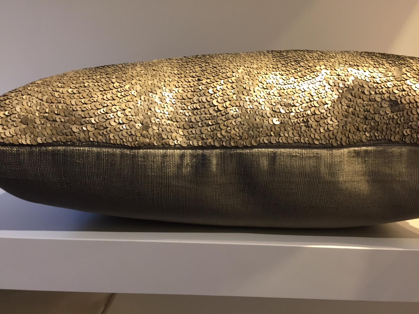 German Silver Sequined Cushions Rectangular Hand Embroidery on Silk Color Peppercorn For Sale