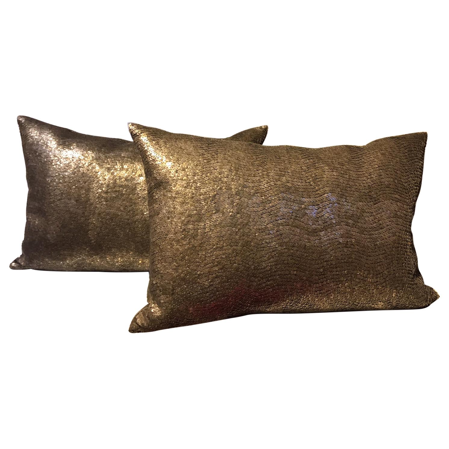Silver Sequined Cushions Rectangular Hand Embroidery on Silk Color Peppercorn