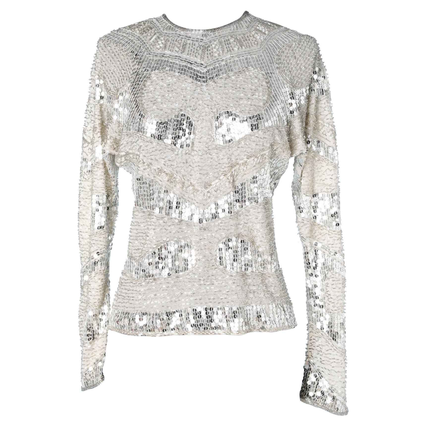 Silver Sequins and beaded top Halston  For Sale