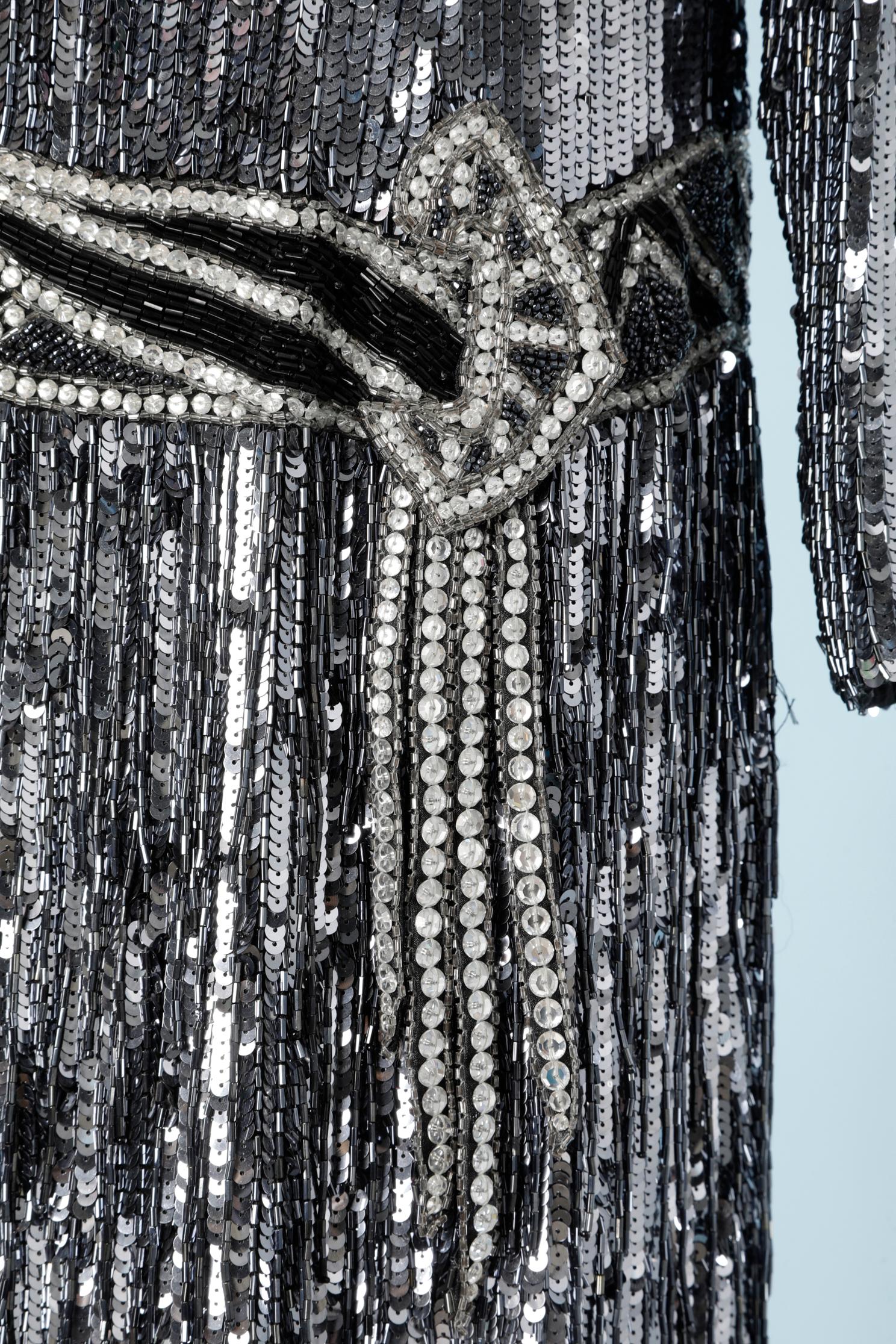 Silver sequins and beads embroidered dress with franges Bob Mackie  2