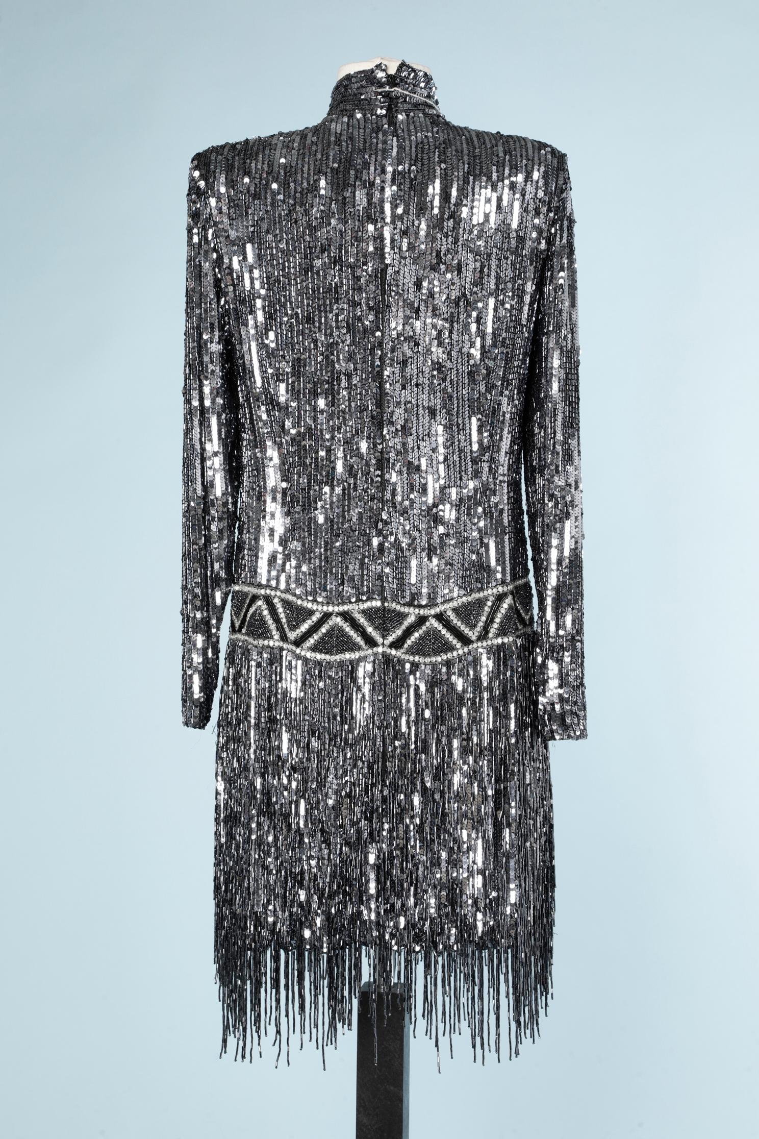 Silver sequins and beads embroidered dress with franges Bob Mackie  5