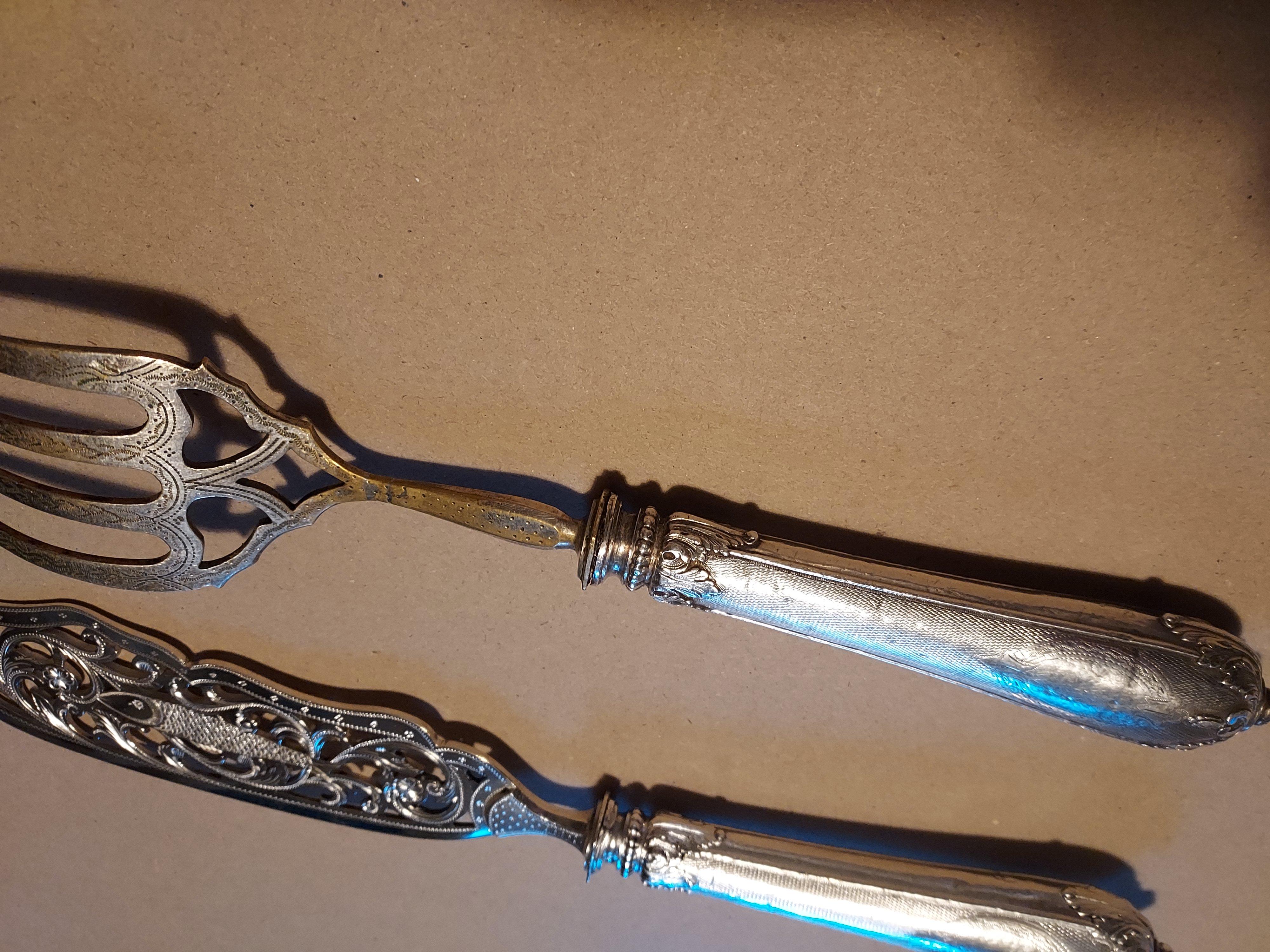 Victorian Silver Serving Fish Knife and Fork with rare engine turned handle For Sale